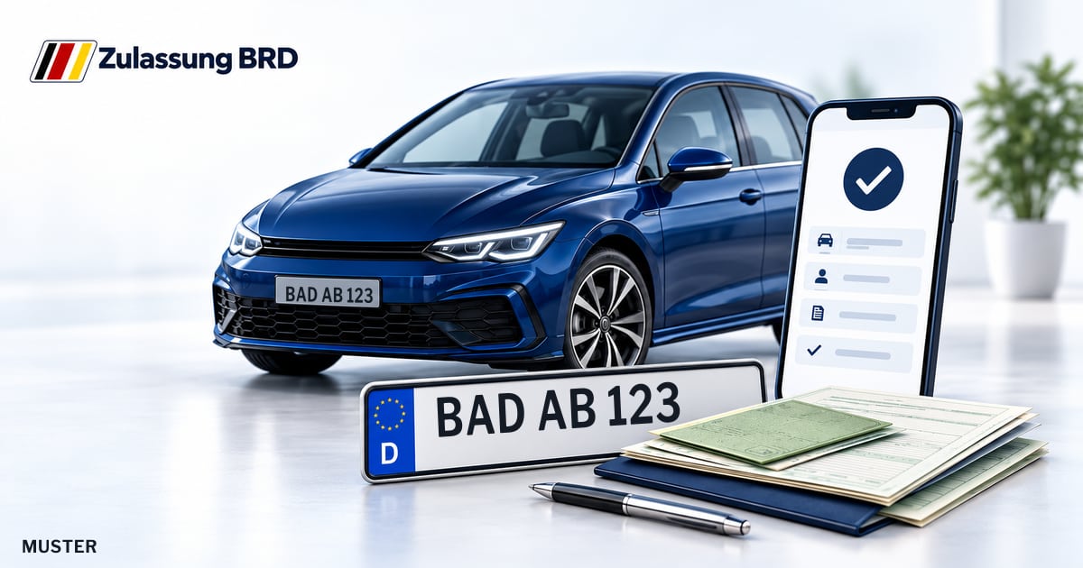 Online Fahrzeugzulassung in Baden-Baden: Musterkennzeichen BAD AB 123, Auto und Fahrzeugpapiere und Smartphone. Illustration mit Logo von Zulassung BRD.